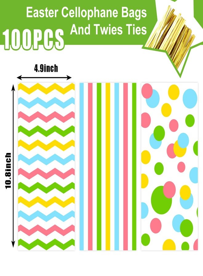 Whaline 100Pcs Easter Cellophane Treat Bags Colorful Stripe Wave Dot Plastic Candy Bags Cello Goodie Bags with Twist Ties for Spring Party Favors Supplies - Image 2